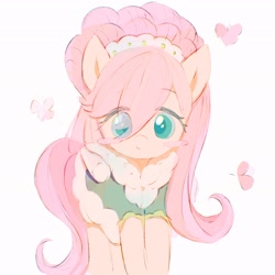 Size: 2048x2048 | Tagged: safe, artist:azhiichigo, fluttershy, butterfly, pegasus, pony, g4, 60s, alternate hairstyle, blushing, clothes, coat, cute, female, high res, looking at you, mare, modelshy, shyabetes, simple background, smiling, smiling at you, solo, white background