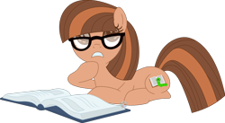 Size: 1804x988 | Tagged: safe, artist:pure-blue-heart, oc, oc only, oc:bookworm, earth pony, book, brown coat, brown eyes, brown mane, earth pony oc, female, glasses, lying down, mare, open book, screenshot redraw, simple background, straight hair, straight mane, thinking, transparent background, watermark