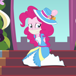 Size: 2000x2000 | Tagged: safe, artist:nie-martw-sie-o-mnie, part of a set, pinkie pie, human, equestria girls, g4, magical mystery cure, arm behind back, bondage, bound and gagged, cloth gag, clothes, coronation dress, dress, female, femsub, gag, kneeling, pinkiesub, solo, stairs, submissive