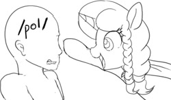 Size: 541x316 | Tagged: safe, artist:mcsadat, oc, oc:anon, oc:marker pony, human, pony, unicorn, /pol/, 4chan, boop, female, horn, mare, open mouth, simple background, sketch, white background