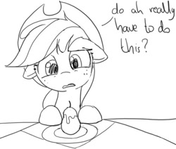 Size: 469x398 | Tagged: safe, artist:mcsadat, applejack, earth pony, pony, g4, female, floppy ears, food, mare, pear, plate, simple background, sketch, solo, text, white background