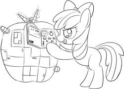 Size: 1280x923 | Tagged: safe, artist:mcsadat, apple bloom, earth pony, pony, g4, :p, binary, female, filly, foal, machine, monochrome, simple background, sketch, solo, tongue out, white background