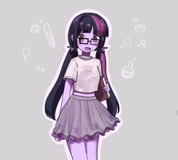 Size: 2048x1843 | Tagged: safe, artist:sugarcube269, sci-twi, twilight sparkle, human, equestria girls, g4, book, clothes, cute, female, glasses, looking at you, meganekko, midriff, open mouth, pigtails, simple background, skirt, smiling, solo, twiabetes, twintails