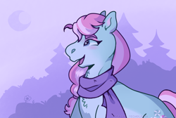 Size: 2284x1533 | Tagged: safe, artist:dragao_tecnologia, minty (g5), earth pony, pony, g5, clothes, crescent moon, digital art, fanart, female, happy, mare, moon, open mouth, open smile, scarf, smiling, solo, starry eyes, wingding eyes