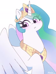 Size: 1547x2048 | Tagged: safe, artist:leo19969525, princess celestia, alicorn, pony, g4, :o, cute, cutelestia, female, hair over one eye, jewelry, mare, open mouth, partially open wings, peytral, raised hoof, simple background, solo, tiara, white background, wings