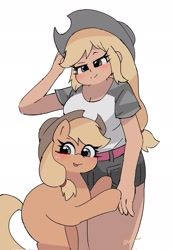 Size: 1413x2048 | Tagged: safe, artist:leo19969525, applejack, earth pony, human, pony, g4, applejack's hat, bipedal, breasts, cleavage, cowboy hat, cute, duo, female, hat, human ponidox, humanized, jackabetes, lidded eyes, looking at you, mare, missing cutie mark, open mouth, self paradox, self ponidox, simple background, smiling, white background