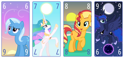 Size: 6400x3000 | Tagged: safe, artist:parclytaxel, princess celestia, princess luna, sunset shimmer, tantabus, trixie, alicorn, pony, unicorn, series:parcly's pony pattern playing cards, g4, .svg available, absurd resolution, beach, dawn, female, flying, horn, looking up, mare, moon, playing card, pointing, raised hoof, rearing, smiling, sun, sunset, tarot card, vector