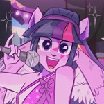 Size: 1440x1440 | Tagged: safe, artist:dreamz, twilight sparkle, human, equestria girls, g4, my little pony equestria girls: rainbow rocks, perfect day for fun, bare shoulders, bust, female, looking at you, microphone, open mouth, open smile, pony ears, rainbow rocks outfit, scene interpretation, signature, smiling, smiling at you, solo, sparkles, wings