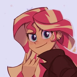Size: 1440x1440 | Tagged: safe, artist:dreamz, sunset shimmer, human, equestria girls, g4, blue background, blushing, bust, clothes, devil horn (gesture), ear piercing, earring, female, jacket, jewelry, looking at you, piercing, signature, simple background, smiling, smiling at you, solo