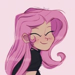 Size: 1440x1440 | Tagged: safe, artist:dreamz, fluttershy, human, equestria girls, g4, blushing, bust, ear piercing, eyes closed, female, looking at you, piercing, pink background, signature, simple background, smiling, smiling at you, solo