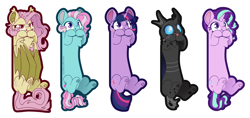 Size: 4871x2305 | Tagged: safe, artist:cutepencilcase, fluttershy, minty, starlight glimmer, twilight sparkle, bat pony, changeling, earth pony, pony, unicorn, g3, g4, bat ponified, bookmark, chest fluff, fangs, flutterbat, horn, long, long glimmer, long pony, race swap, simple background, smiling, tongue out, white background