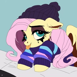 Size: 2048x2048 | Tagged: safe, artist:enterusxrname, fluttershy, pegasus, pony, g4, beanie, clothes, female, goth, gothic, hat, lidded eyes, makeup, mare, running makeup, signature, solo, sweater, tongue out