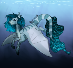 Size: 2531x2369 | Tagged: safe, artist:reamina, oc, oc only, pony, bubble, crepuscular rays, dorsal fin, fin, fish tail, flowing mane, flowing tail, happy, hybrid wings, looking at you, ocean, smiling, smiling at you, solo, spread wings, sunlight, swimming, tail, underwater, water, wings