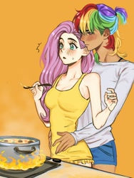 Size: 1200x1600 | Tagged: safe, artist:diannewithluv, fluttershy, rainbow dash, human, g4, blushing, breasts, cooking, female, food, height difference, hug, hug from behind, humanized, lesbian, light skin, moderate dark skin, orange background, pot, ship:flutterdash, shipping, simple background, stove