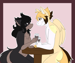 Size: 2891x2419 | Tagged: safe, artist:sonyferretart, part of a set, oc, oc only, oc:balmy glow, oc:dandi, dog, dog pony, original species, pegasus, anthro, arm freckles, bed, black mane, brown coat, brown mane, female, femboy, freckles, glass, gray coat, leg freckles, male, pink background, shoulder freckles, simple background, straight, table, three-tone coat, two toned coat, two toned mane, white coat, wine glass, yellow coat, yellow mane