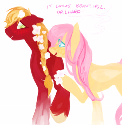 Size: 3126x3192 | Tagged: safe, artist:frostharbourer, big macintosh, fluttershy, earth pony, pegasus, pony, g4, blushing, dialogue, duo, female, floppy ears, flower, flower in hair, gender headcanon, height difference, high res, lesbian, mare, orchard blossom, ship:fluttermac, shipping, simple background, t4t, trans big macintosh, trans female, trans fluttershy, transgender, white background