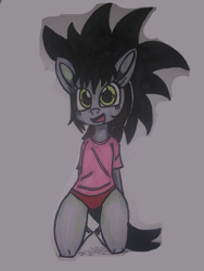Size: 3024x4032 | Tagged: safe, artist:haruka takahashi, artist:michael typhoon, oc, oc only, oc:haruka takahashi, anthro, black mane, black tail, cute, eye lashes, happy, humanized, multicolored iris, open mouth, open smile, pink shirt, shadow, simple background, smiling, solo, tail, traditional art, white background