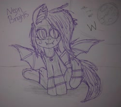 Size: 3424x3024 | Tagged: safe, artist:michael typhoon, oc, oc only, oc:neon brights, bat pony, pony, bat ears, bat wings, blue ink, blushing, fangs, happy, jewelry, moon, no shading, pen sketch, rough sketch, simple background, sketch, slit pupils, smiling, solo, white background, wings