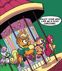 Size: 402x457 | Tagged: safe, artist:andy price, edit, editor:raccoon, idw, apple bloom, applejack, scootaloo, sweetie belle, earth pony, pegasus, pony, unicorn, g4, spoiler:comic, spoiler:comic78, bridle, carousel, cosmageddon, cropped, cutie mark crusaders, fanfic art, green background, hoof shoes, horn, inanimate tf, saddle, simple background, tack, transformation