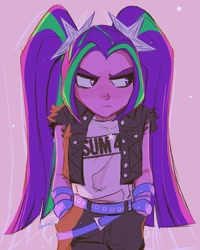 Size: 1440x1800 | Tagged: safe, artist:dreamz, aria blaze, human, equestria girls, g4, bracelet, female, hand in pocket, jewelry, lavender background, necklace, pigtails, scrunchie, signature, simple background, solo, sum 41, twintails