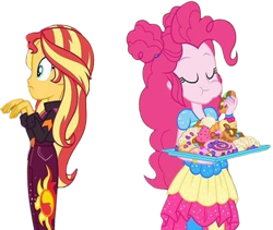 Size: 2981x2520 | Tagged: safe, edit, edited screencap, editor:homersimpson1983, screencap, pinkie pie, sunset shimmer, human, equestria girls, g4, my little pony equestria girls: better together, wake up!, wake up!: pinkie pie, background removed, cheek bulge, eating, female, food, imminent stuffing, music festival outfit, not a vector, pastries, pastry, simple background, slender, thin, transparent background