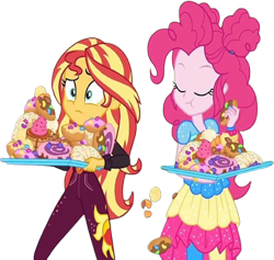 Size: 2656x2520 | Tagged: safe, edit, edited screencap, editor:homersimpson1983, screencap, pinkie pie, sunset shimmer, human, equestria girls, g4, my little pony equestria girls: better together, wake up!, wake up!: pinkie pie, background removed, candy, cheek bulge, eating, female, food, imminent stuffing, music festival outfit, not a vector, pastries, pastry, simple background, slender, sweets, thin, transparent background