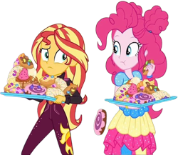 Size: 2907x2520 | Tagged: safe, edit, edited screencap, editor:homersimpson1983, screencap, pinkie pie, sunset shimmer, human, equestria girls, g4, my little pony equestria girls: better together, my little pony equestria girls: choose your own ending, wake up!, wake up!: pinkie pie, background removed, candy, cheek bulge, eating, female, food, imminent stuffing, junk food, music festival outfit, not a vector, pastries, pastry, simple background, slender, sweets, thin, transparent background