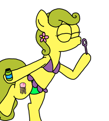 Size: 3023x3351 | Tagged: safe, artist:professorventurer, oc, oc only, oc:bikini breeze, earth pony, pony, bikini, bipedal, bottle, bubble, bubblestand, clothes, female, mare, simple background, solo, spongebob squarepants, swimsuit, transparent background