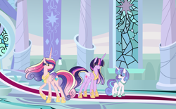 Size: 3232x2000 | Tagged: safe, artist:roseloverofpastels, princess cadance, princess flurry heart, twilight sparkle, alicorn, pony, g4, concave belly, height difference, horn, jewelry, long horn, older, older flurry heart, older princess cadance, older twilight, older twilight sparkle (alicorn), raised hoof, regalia, sisters-in-law, slender, tall, thin, twilight sparkle (alicorn)
