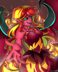 Size: 2000x2500 | Tagged: safe, artist:yuris, sunset shimmer, demon, human, equestria girls, g4, black sclera, bust, clothes, dress, fire, humanized, looking at you, open mouth, smiling, smiling at you, spread wings, sunset satan, winged humanization, wings