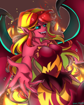 Size: 2000x2500 | Tagged: safe, artist:yuris, sunset shimmer, demon, equestria girls, g4, bare shoulders, black sclera, bust, clothes, dress, fire, looking at you, open mouth, smiling, smiling at you, spread wings, sunset satan, wings