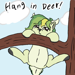 Size: 1060x1068 | Tagged: safe, artist:cocacola1012, oc, oc:rhythm fruit, deer, belly, hang in there, hanging