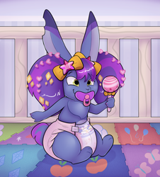 Size: 3239x3589 | Tagged: safe, artist:uniamoon, twitch (g5), rabbit, bunnisi beauties, g5, my little pony: tell your tale, adult foal, animal, bow, commission, crib, diaper, diapered, hair bow, indoors, male, nail polish, non-baby in diaper, pacifier, pigtails, playpen, rattle, sitting, smiling, solo, tail, twitch is fabulous, wig