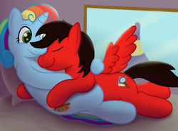 Size: 3400x2505 | Tagged: safe, artist:sweetielover, oc, oc only, pegasus, pony, unicorn, g4, bed, bedroom, duo, eyes closed, female, high res, horn, hug, male, pegasus oc, romantic, snuggling, spread wings, unicorn oc, window, wings