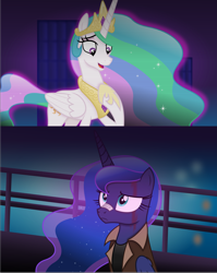 Size: 6627x8329 | Tagged: safe, artist:anime-equestria, princess celestia, princess luna, alicorn, pony, g4, absurd resolution, bandaid, bandaid on nose, blade runner, blade runner 2049, blood, bridge, building, clothes, crown, duo, female, hologram, hoof shoes, horn, jacket, jewelry, looking up, mare, meme, night, parody, peytral, princess shoes, regalia, royal sisters, siblings, sisters, wings
