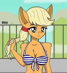 Size: 1558x1698 | Tagged: safe, artist:banquo0, applejack, anthro, g4, bikini, breasts, bust, cleavage, clothes, eyebrows, eyebrows visible through hair, female, looking at you, ponytail, smiling, solo, swimsuit