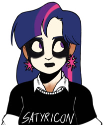 Size: 1242x1487 | Tagged: safe, alternate version, artist:sabbracadabras, twilight sparkle, human, g4, band shirt, bust, cutie mark accessory, cutie mark earrings, ear piercing, earring, face paint, female, humanized, jewelry, looking offscreen, piercing, satyricon, simple background, solo, tan skin, white background