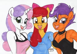 Size: 2889x2038 | Tagged: safe, artist:newyorkx3, apple bloom, scootaloo, sweetie belle, earth pony, pegasus, unicorn, breasts, busty apple bloom, busty scootaloo, busty sweetie belle, cleavage, cutie mark crusaders, female, horn, looking at you, mare, older, older apple bloom, older cmc, older scootaloo, older sweetie belle, open mouth, simple background, trio, white background
