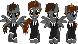 Size: 6185x3508 | Tagged: safe, artist:lonichedgehog, pegasus, pony, unicorn, g4, >:), blue eyes, brown eyes, brown mane, brown tail, clothes, george harrison, gray coat, green eyes, grin, horn, john lennon, male, necktie, one eye closed, paul mccartney, ponified, raised hoof, ringo starr, show accurate, simple background, smiling, smirk, spread wings, suit, tail, the beatles, transparent background, vector, wings, wink