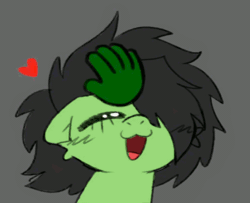 Size: 516x418 | Tagged: safe, oc, oc:anon, oc:filly anon, earth pony, pony, animated, black hair, cute, disembodied hand, eyes closed, female, filly, foal, green fur, hand, happy, heart, open mouth, open smile, petting, recolor, smiling, solo