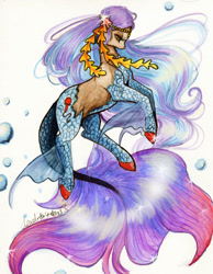 Size: 827x1068 | Tagged: safe, artist:divinekitten, pony, g4, bubble, colored hooves, colored pencil drawing, crossover, eyelashes, female, fins, fish tail, floating, flowing mane, flowing tail, hooves, long mane, long tail, madison beer, madison fear, mare, monster high, multicolored mane, multicolored tail, no mouth, ponified, scales, shiny hooves, shiny mane, shiny tail, side view, signature, simple background, solo, tail, traditional art, watercolor painting, wavy mane, white background