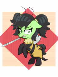 Size: 1200x1600 | Tagged: safe, oc, oc only, oc:filly anon, angry, female, filly, knife, pigtails, solo, wasp costume