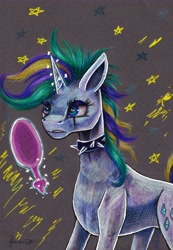 Size: 4409x6370 | Tagged: safe, artist:cahandariella, rarity, unicorn, g4, alternate hairstyle, colored pencil drawing, concave belly, gray background, horn, mirror, punk, raripunk, simple background, slender, solo, thin, traditional art