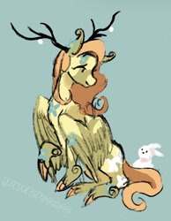 Size: 823x1058 | Tagged: safe, artist:justvoidsdumbstuff1, angel bunny, fluttershy, pegasus, pony, rabbit, g4, alternate color palette, alternate design, animal, antlers, cloven hooves, colored ears, colored hooves, colored wings, colored wingtips, dot eyes, duo, duo male and female, ear tufts, female, fetlock tuft, flower, long mane, long tail, looking at each other, looking at someone, male, mare, partially open wings, profile, raised hoof, redesign, signature, simple background, sitting, smiling, tail, teal background, two toned coat, two toned wings, unshorn fetlocks, wing fluff, wings