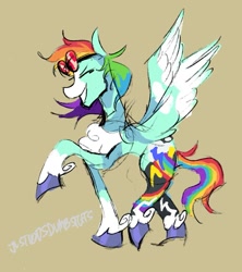 Size: 867x975 | Tagged: safe, artist:justvoidsdumbstuff1, rainbow dash, pegasus, pony, g4, alternate color palette, alternate cutie mark, alternate design, beige background, blaze (coat marking), blue coat, chest fluff, coat markings, colored hooves, colored muzzle, colored sketch, colored wings, concave belly, dot eyes, facial markings, female, fetlock tuft, goggles, goggles on head, mare, multicolored hair, profile, rainbow hair, rainbow tail, raised hoof, raised leg, redesign, shiny hooves, signature, simple background, sketch, smiling, solo, spread wings, tail, thin, two toned wings, unshorn fetlocks, wings