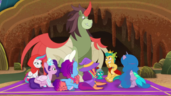 Size: 1920x1080 | Tagged: safe, screencap, hitch trailblazer, izzy moonbow, misty brightdawn, pipp petals, sparky sparkeroni, sunny starscout, zantorp, zipp storm, dragon, earth pony, pegasus, pony, unicorn, buried in a good book, g5, my little pony: tell your tale, spoiler:g5, spoiler:my little pony: tell your tale, spoiler:tyts02e10, baby, baby dragon, bunny ears, cape, cloak, clothes, crown, female, fish tail, hat, helmet, horn, jewelry, lying down, male, mane five, mane six (g5), mare, prone, questopia, regalia, sitting, smiling, stallion, tail, wizard hat
