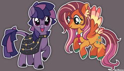 Size: 1012x577 | Tagged: safe, artist:devilbunzz, part of a set, fluttershy, twilight sparkle, earth pony, pegasus, pony, g4, alternate color palette, alternate design, alternate hairstyle, alternate tailstyle, alternate universe, bags under eyes, blaze (coat marking), cloak, clothes, coat markings, colored ear fluff, colored ears, colored hooves, colored muzzle, colored wings, colored wingtips, draw over, duo, duo female, ear fluff, earth pony twilight, facial markings, female, flying, gray background, horn, leg fluff, leonine tail, long mane, long tail, mare, multicolored mane, multicolored tail, multicolored wings, neck bow, open mouth, open smile, outline, purple coat, purple eyes, race swap, raised hoof, signature, simple background, smiling, snip (coat marking), socks (coat markings), spread wings, standing, straight mane, straight tail, tail, teal eyes, wall of tags, wingding eyes, wings, yellow coat