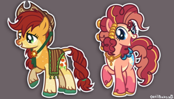 Size: 812x463 | Tagged: safe, artist:devilbunzz, part of a set, applejack, pinkie pie, earth pony, pony, g4, alternate color palette, alternate cutie mark, alternate design, alternate hair color, alternate tail color, alternate tailstyle, alternate universe, applejack's hat, blaze (coat marking), blue eyes, body freckles, braid, braided ponytail, braided tail, cape, clothes, coat markings, colored belly, colored hooves, colored muzzle, cowboy hat, curly mane, curly tail, draw over, duo, duo female, facial markings, female, freckles, gray background, green eyes, hat, leonine tail, lidded eyes, long mane, long tail, looking at you, mare, mealy mouth (coat marking), multicolored mane, multicolored tail, open mouth, open smile, outline, pale belly, peytral, pink coat, pink mane, pink tail, ponytail, raised hoof, red mane, red tail, signature, simple background, smiling, smiling at you, snip (coat marking), socks (coat markings), standing, tail, tied mane, tied tail, two toned mane, unshorn fetlocks, wall of tags, yellow coat