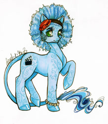 Size: 837x954 | Tagged: safe, artist:divinekitten, earth pony, pony, blue coat, blue tail, blushing, bracelet, closed mouth, colored pinnae, concave belly, crossover, curly hair, curly mane, eyelashes, green eyes, hat, headband, honey swamp, hooves, horn, jewelry, leonine tail, long tail, monster high, pattern, ponified, raised hoof, shiny hooves, signature, simple background, smiling, solo, standing, standing on two hooves, tail, traditional art, white background, wingding eyes