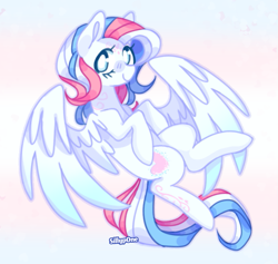 Size: 893x845 | Tagged: safe, artist:sillyp0ne, star catcher, pegasus, pony, g3, blue eyes, blurry background, blushing, coat markings, colored pinnae, colored wings, eyelashes, facial markings, female, flag background, flying, gradient wings, long mane, long tail, looking at you, mare, multicolored mane, multicolored tail, partially open wings, pride, pride flag, shiny mane, shiny tail, signature, smiling, smiling at you, solo, swirls, swirly markings, tail, transgender pride flag, two toned wings, wavy mane, wavy tail, white coat, wingding eyes, wings
